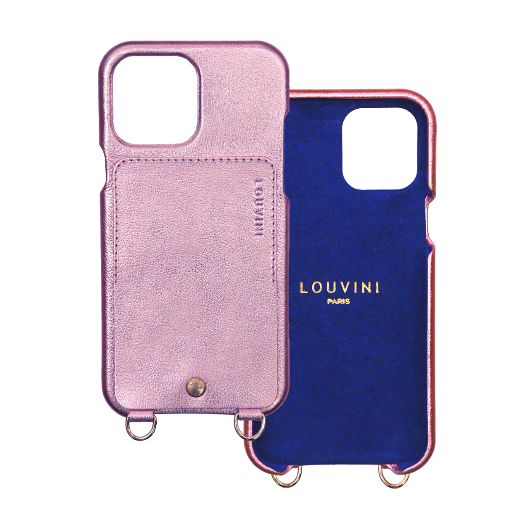 LEATHER IPHONE CASE WITH WALLET AND LOOPS LOU - METALLIC PINK