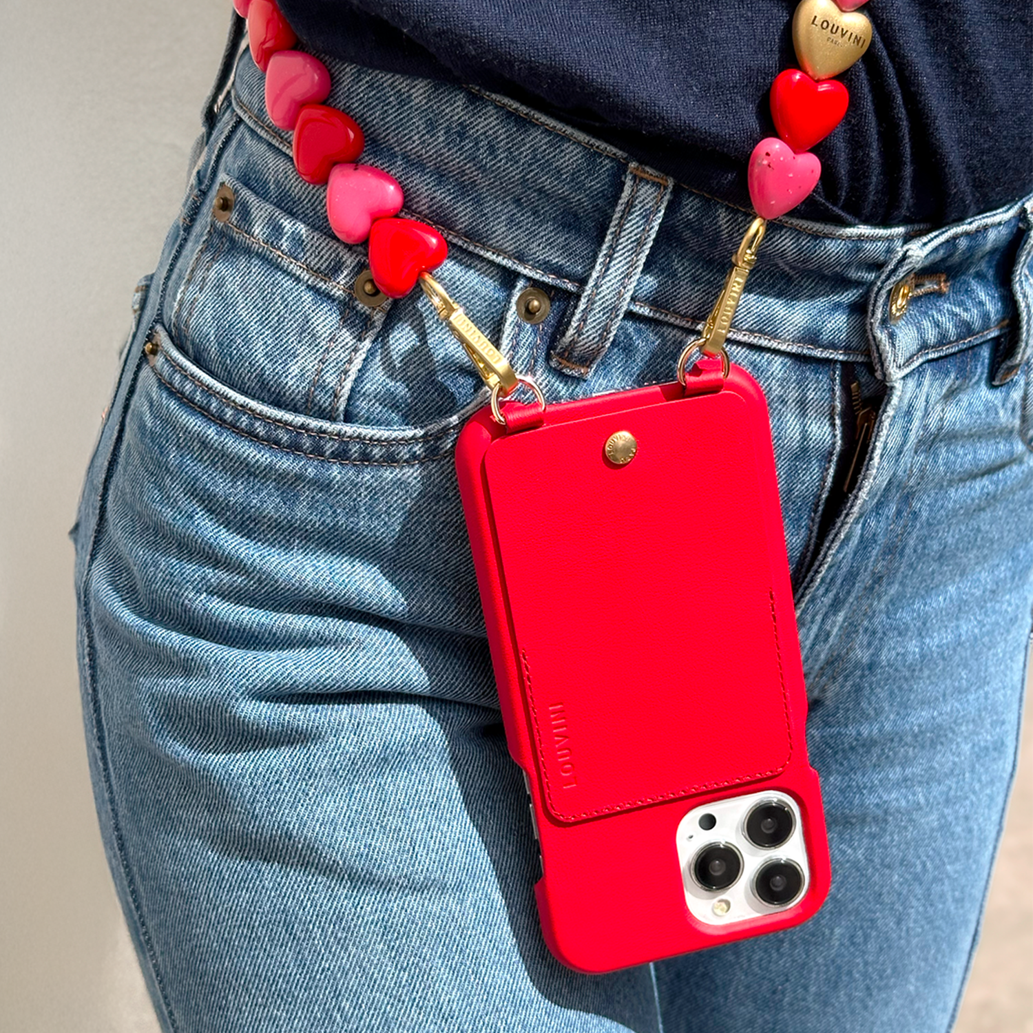 LEATHER IPHONE CASE WITH WALLET AND LOOPS LOU - RED