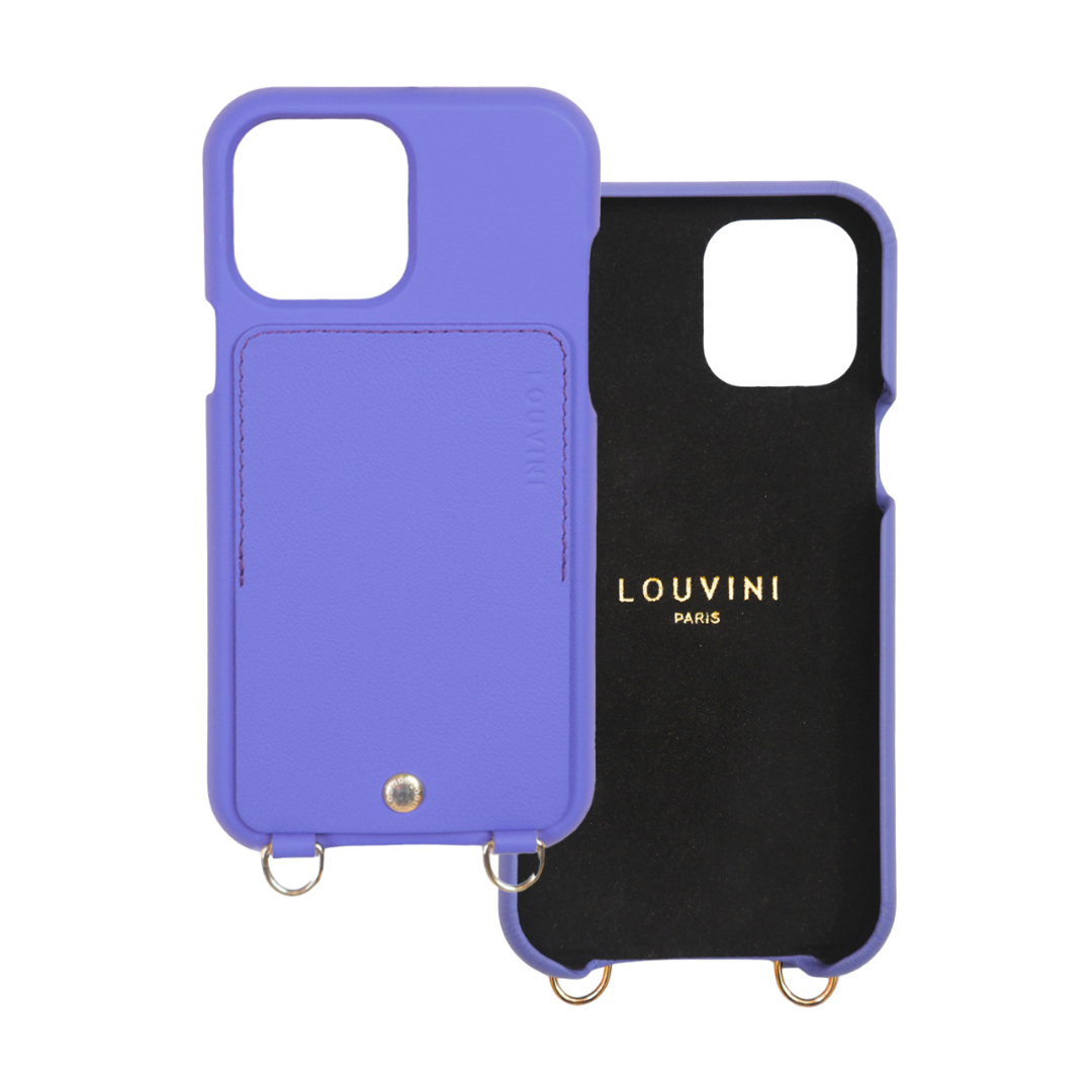 Coque iPhone cuir violet avec porte carte et anneaux