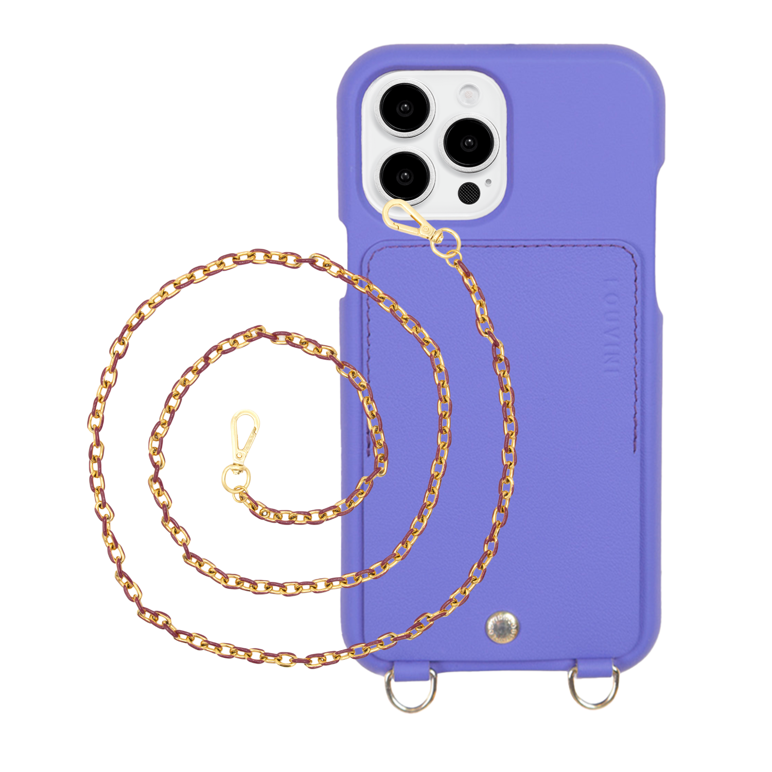 ensemble coque de téléphone avec étui en cuir violet et chaîne lilas