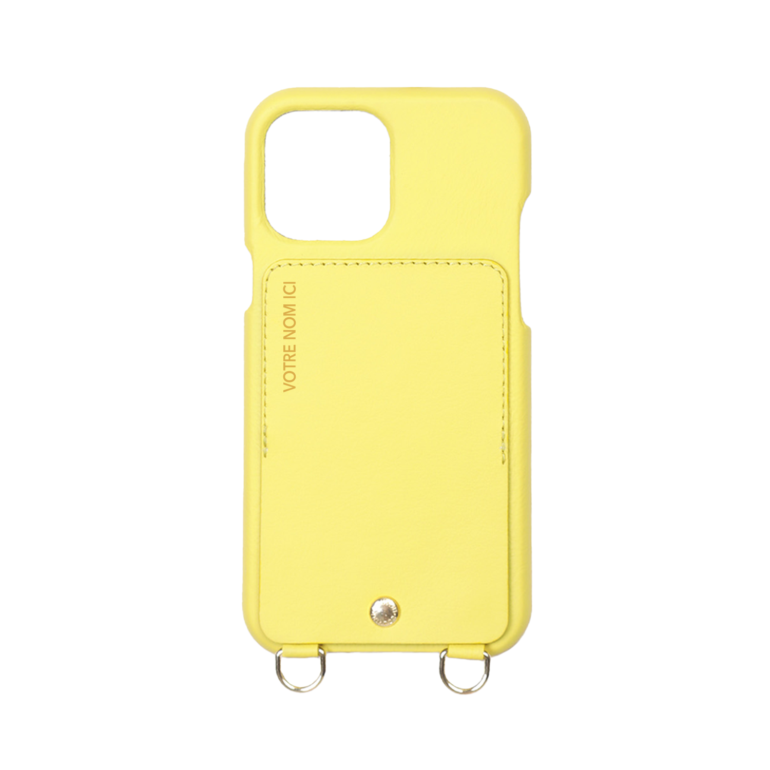 Coque iPhone cuir porte carte avec anneaux LOU jaune personnalisable