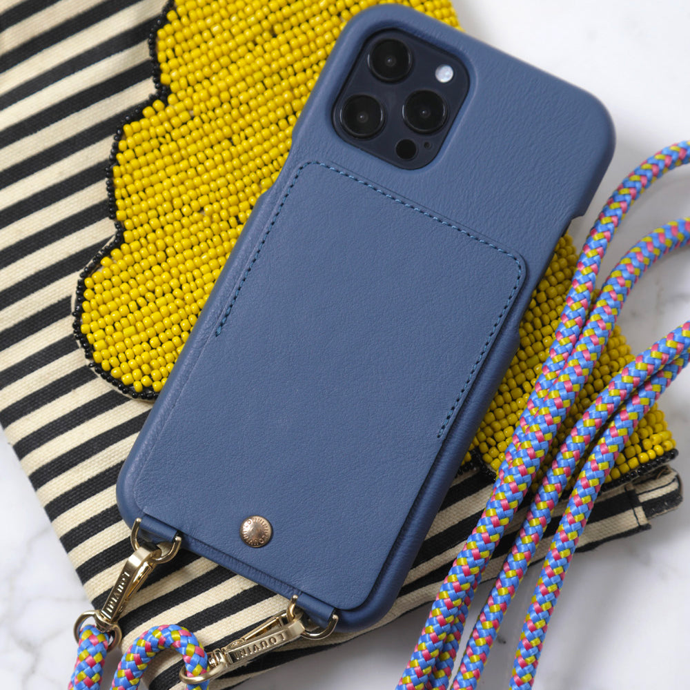 LEATHER IPHONE CASE WITH WALLET AND LOOPS LOU - BLUE 