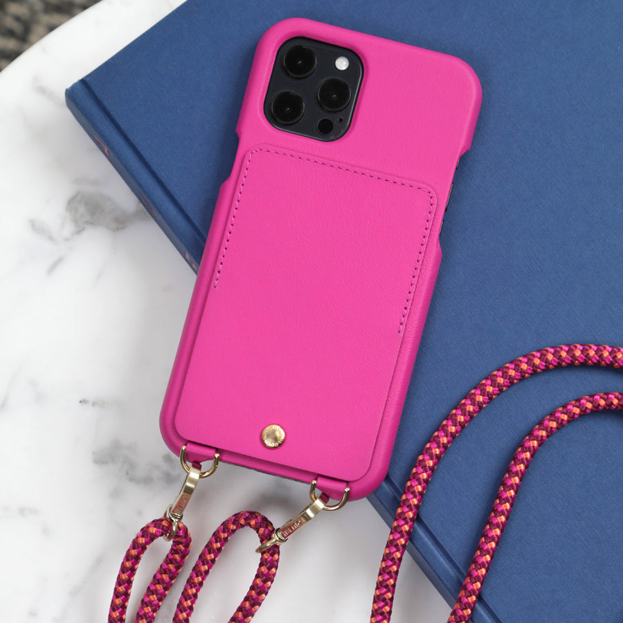 LEATHER IPHONE CASE WITH WALLET AND LOOPS LOU - FUCHSIA 