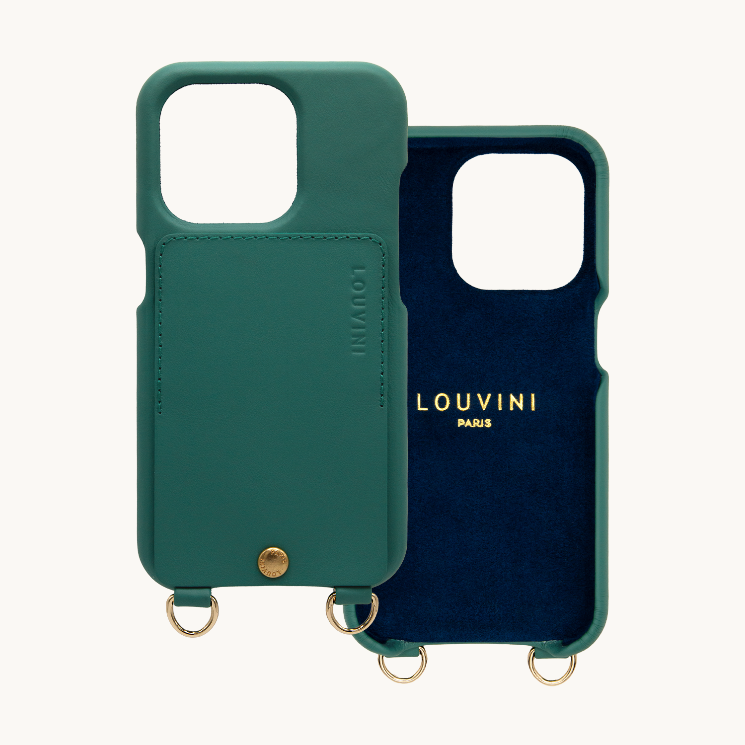 Coque iPhone cuir porte carte avec anneaux vert emeraude personnalisable