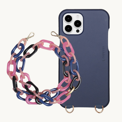 ensemble coque de téléphone en cuir marine et chaîne marine rose 