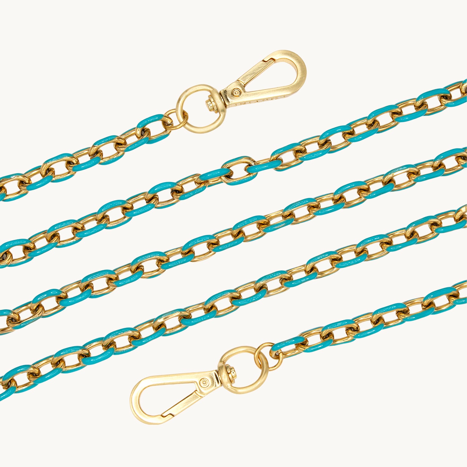 chaine bandouliere pour telephone turquoise et dore avec mousquetons