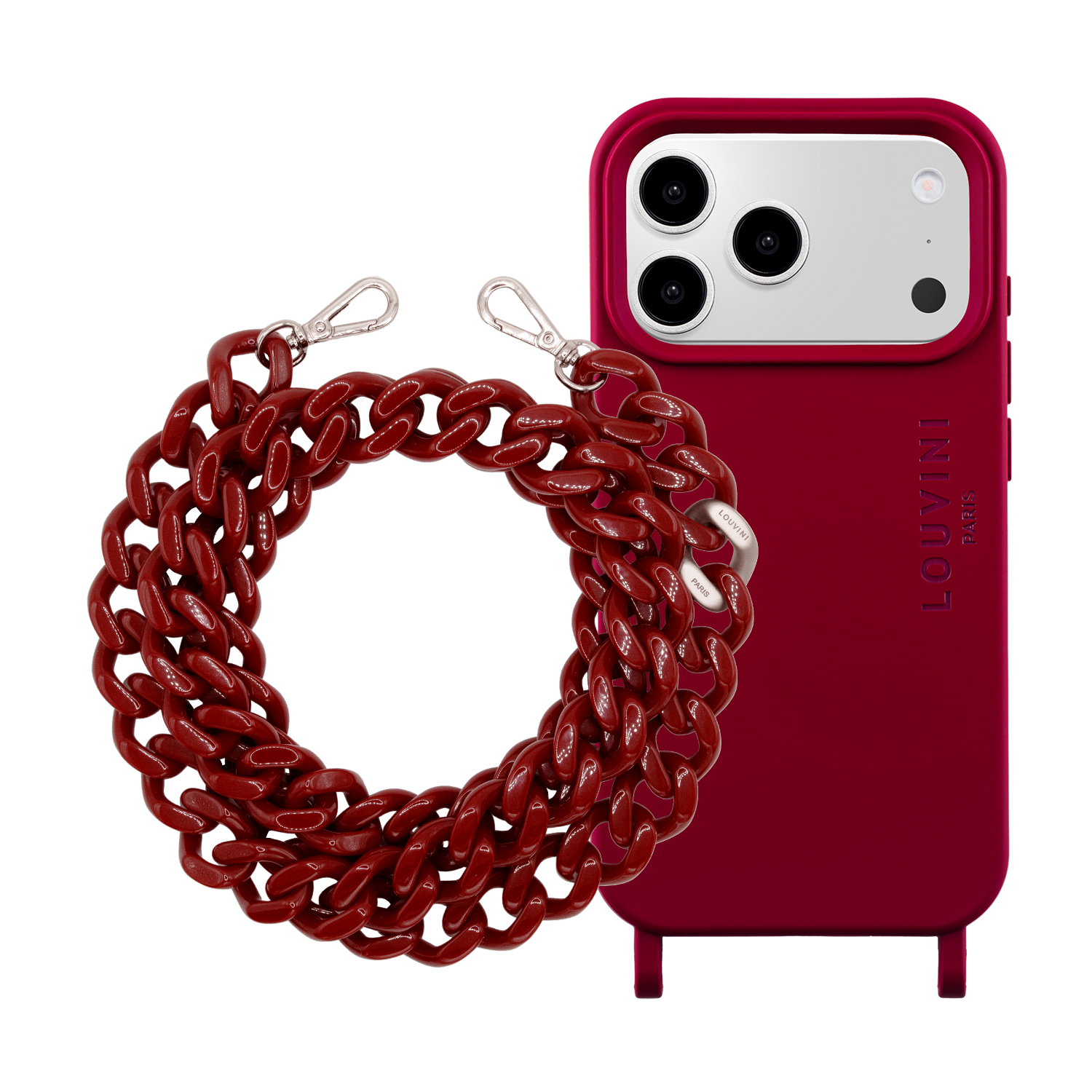 MILO MagSafe Burgundy iPhone Case & ZOE Silver Burgundy Chain