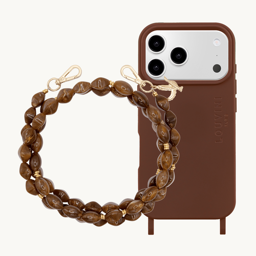 coque iphone magsafe marron avec anneaux et cordon bandoulière de téléphone à perles