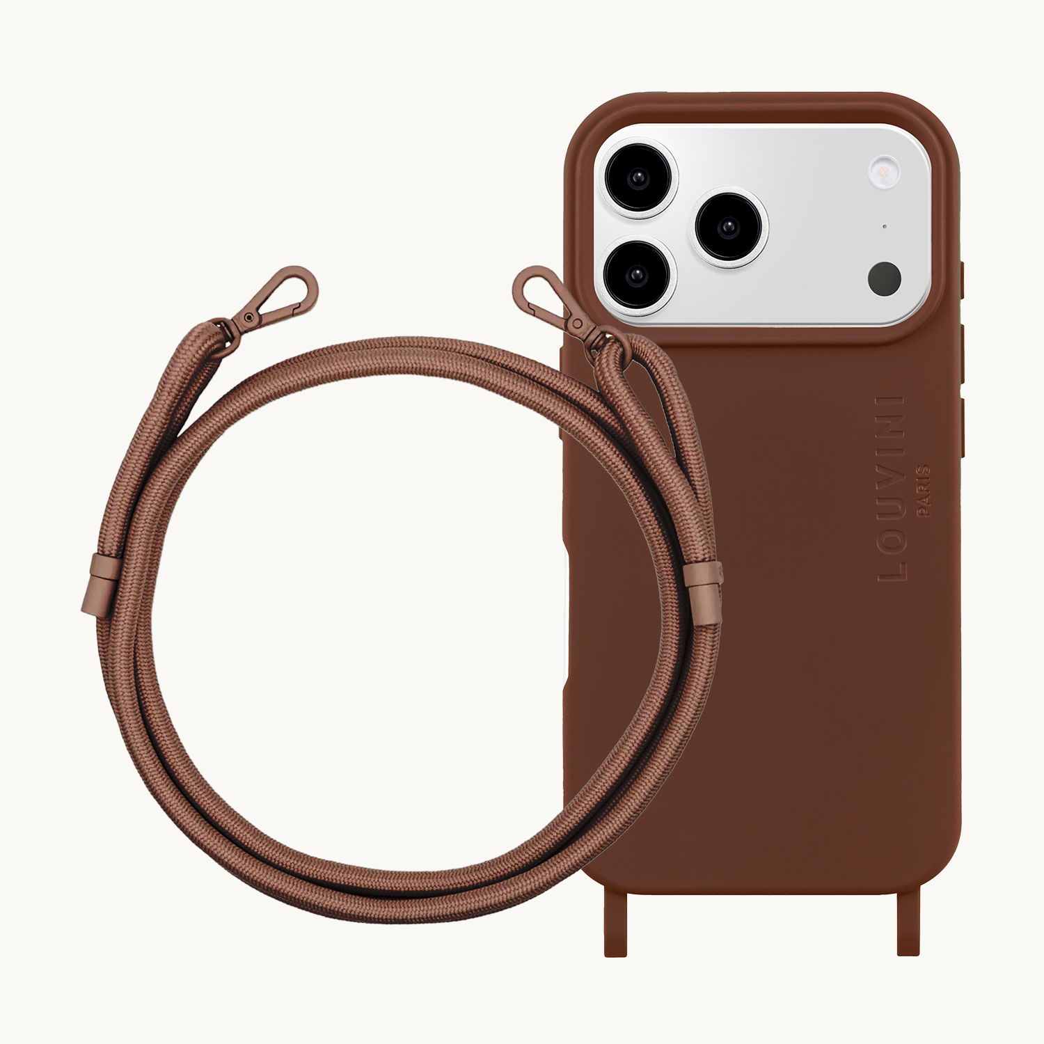 coque iphone magsafe marron avec anneaux et cordon de téléphone ajustable