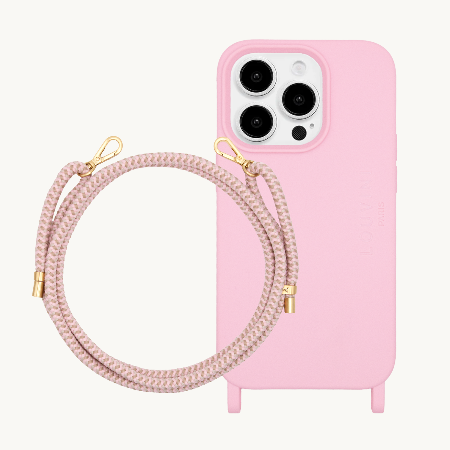 coque iphone en tpu rose poudré avec anneaux et cordon assorti rose taupe avec mousquetons dorés