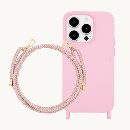 coque iphone en tpu rose poudré avec anneaux et cordon assorti rose taupe avec mousquetons dorés