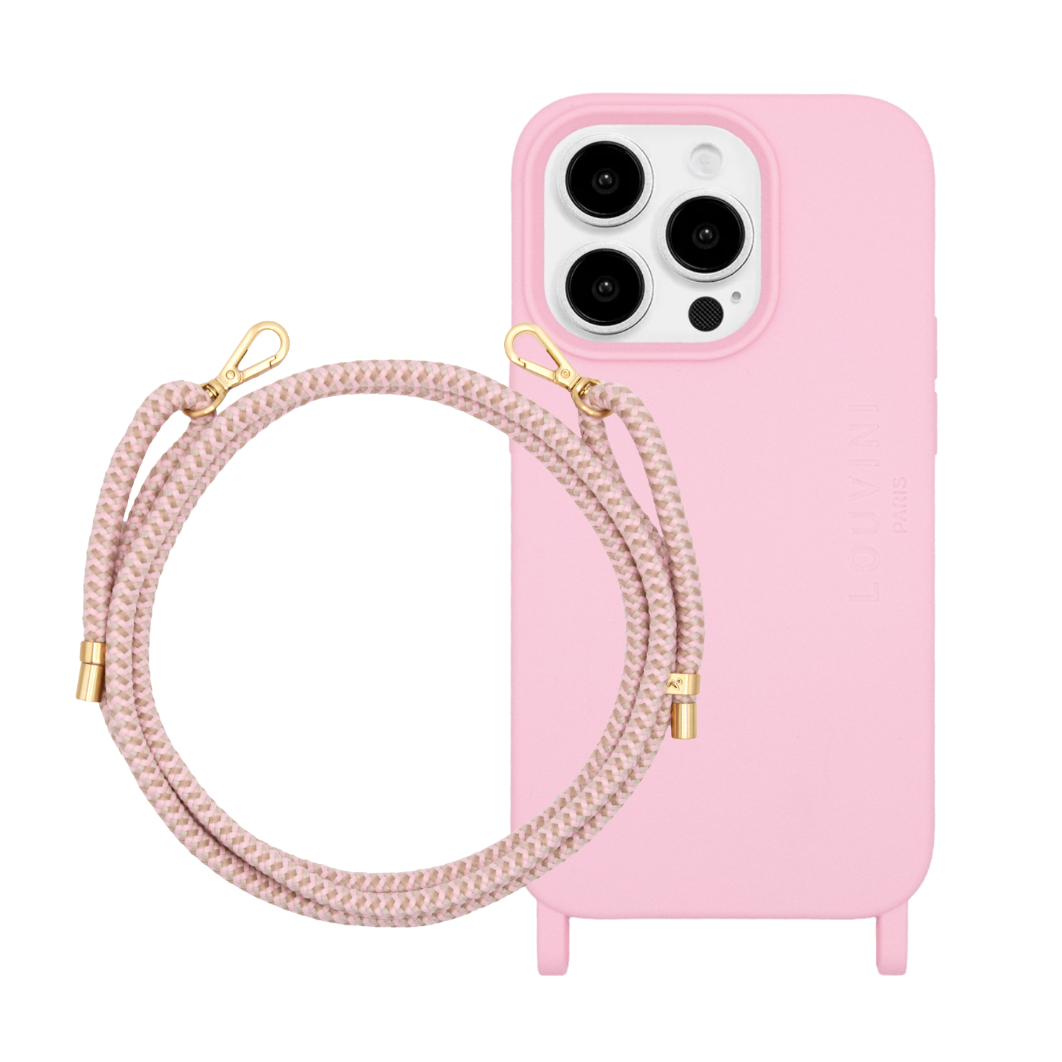 coque iphone en tpu rose poudré avec anneaux et cordon assorti rose taupe avec mousquetons dorés