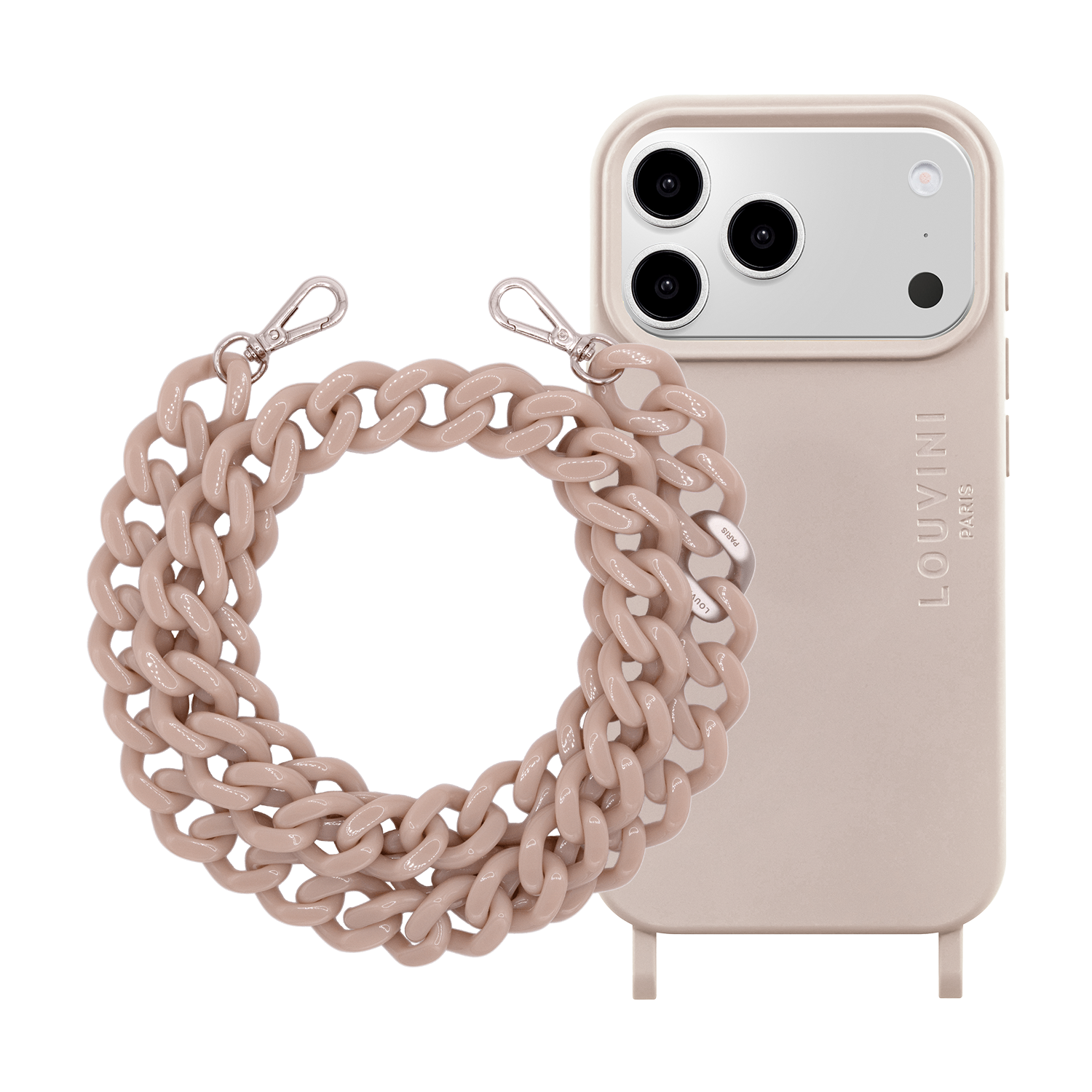 MILO MagSafe Taupe iPhone Case & ZOE Silver Taupe Chain