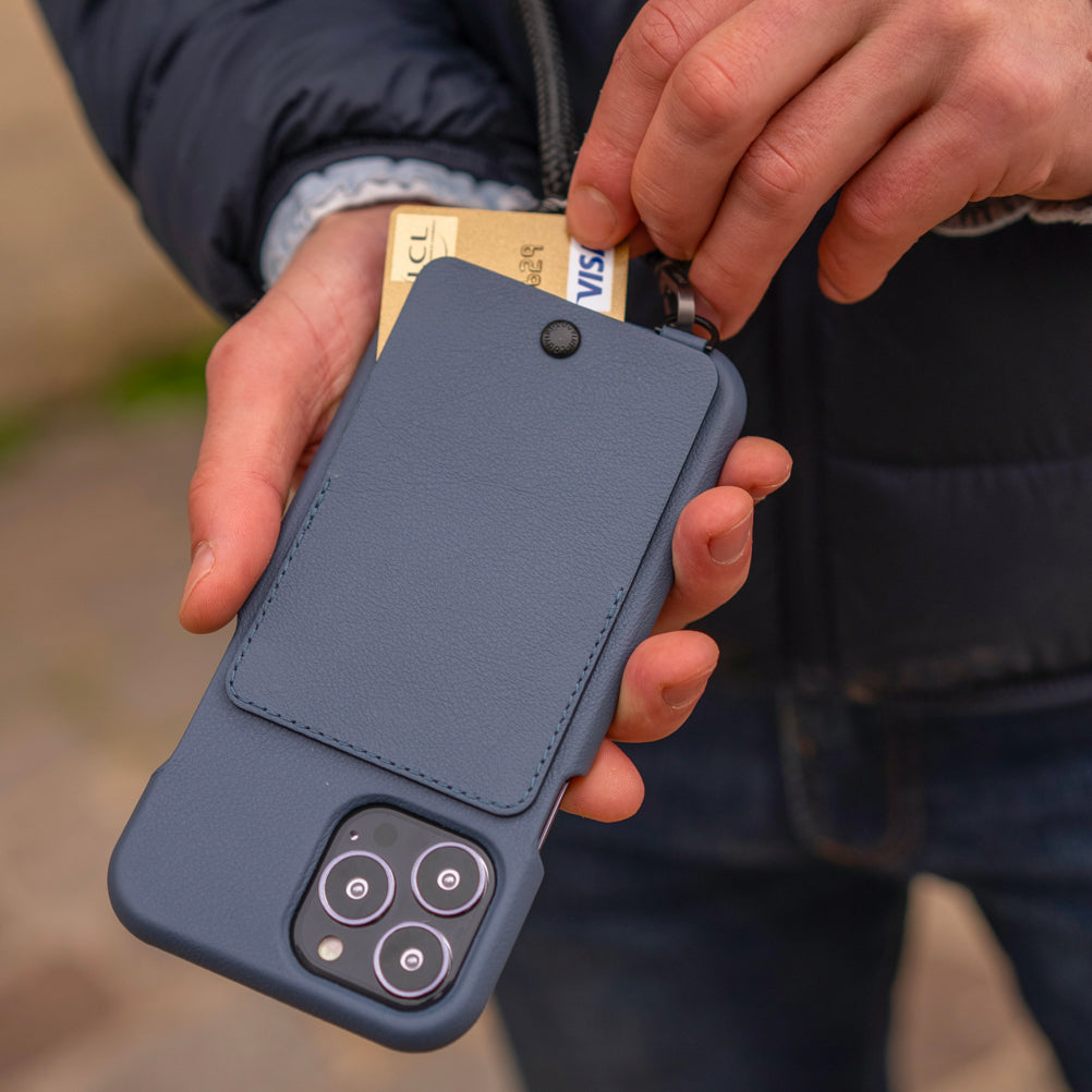 Coque iPhone Cuir bleu avec anneaux et pochette pour cartes