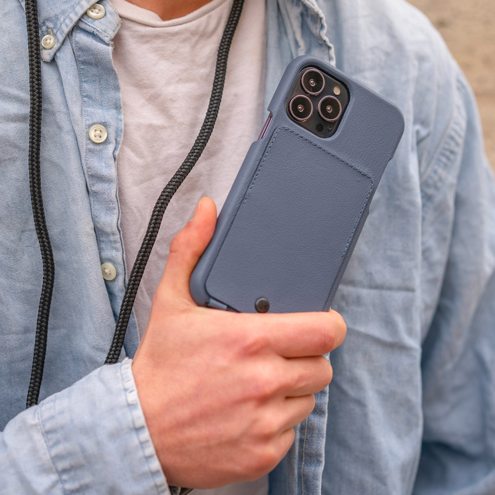 Coque iPhone Cuir bleu avec anneaux, pochette et bandoulière