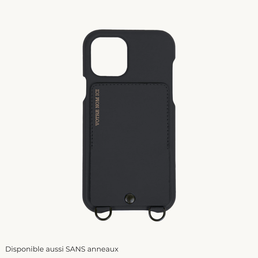 LEATHER IPHONE CASE WITH WALLET AND LOOPS LOU - BLACK (PERSONALISABLE)