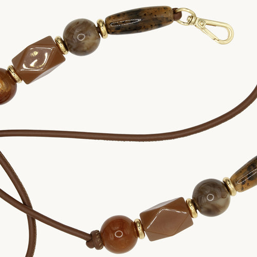 Cordon de telephone en cuir avec perles marron