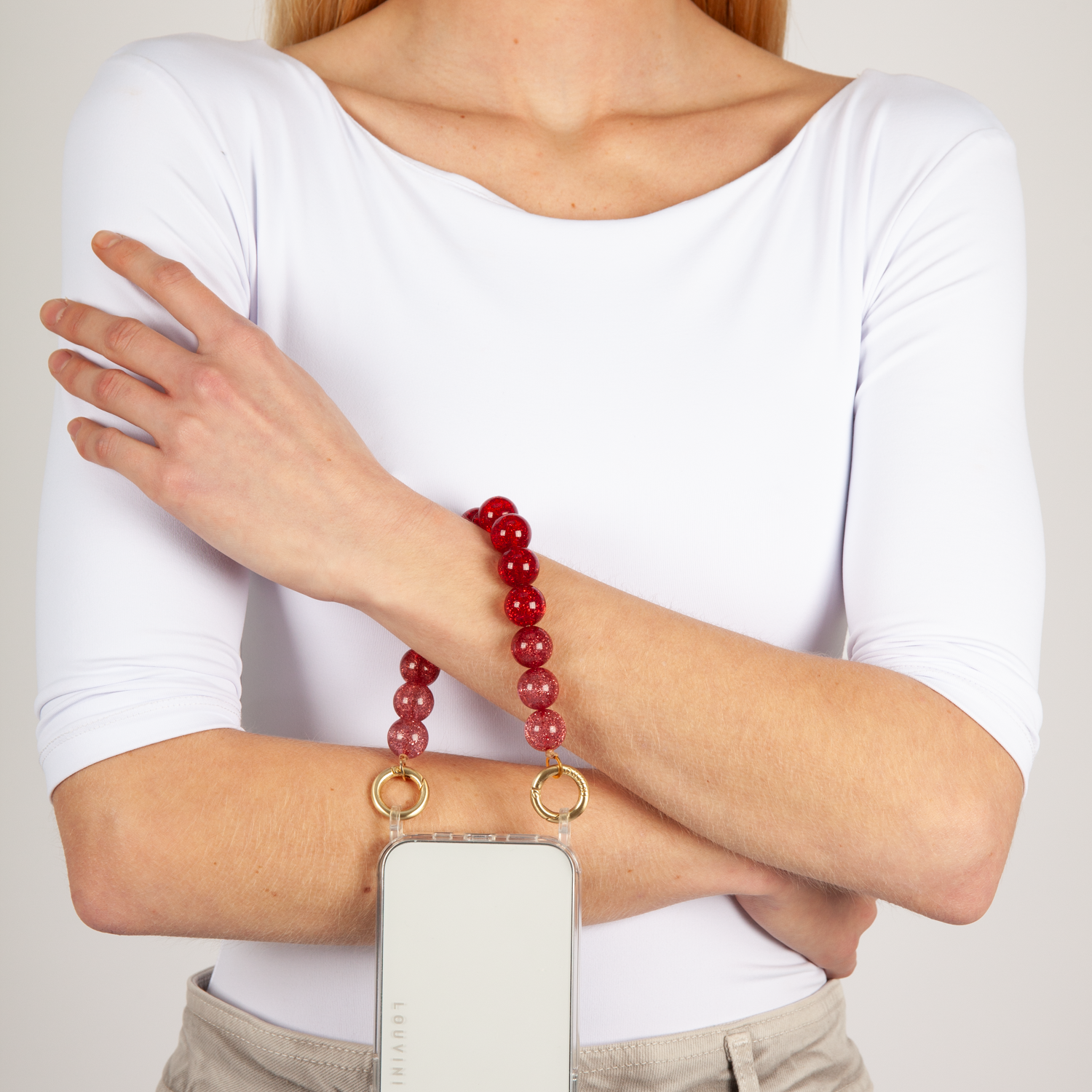 bracelet pour telephone rouge a perles dégradé pailleté