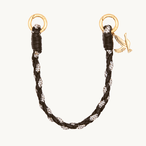 Bracelet de téléphone en cuir marron et strass tressés avec deux mousquetons dorés