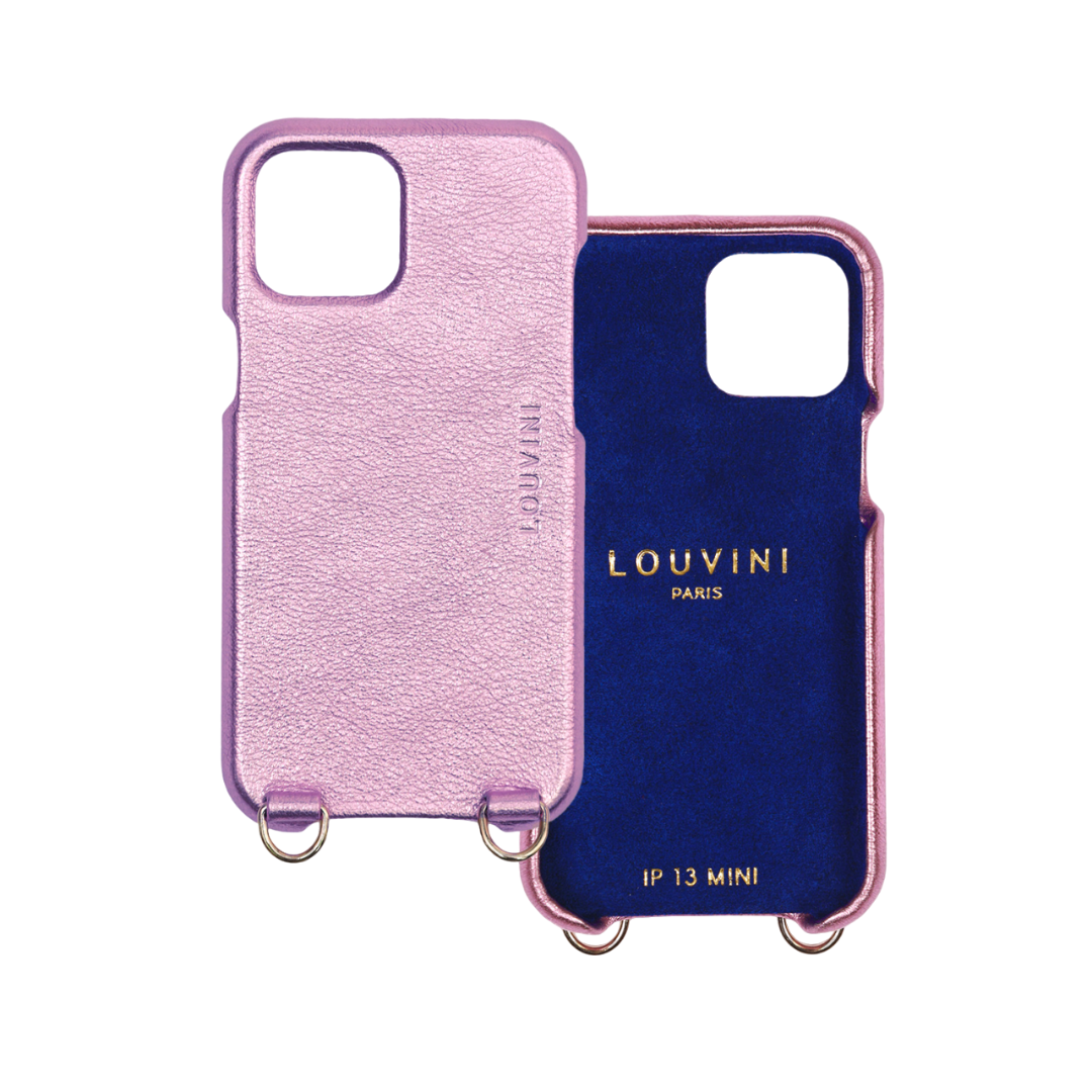 coque en cuir iphone 13 mini rose métallisé avec anneaux