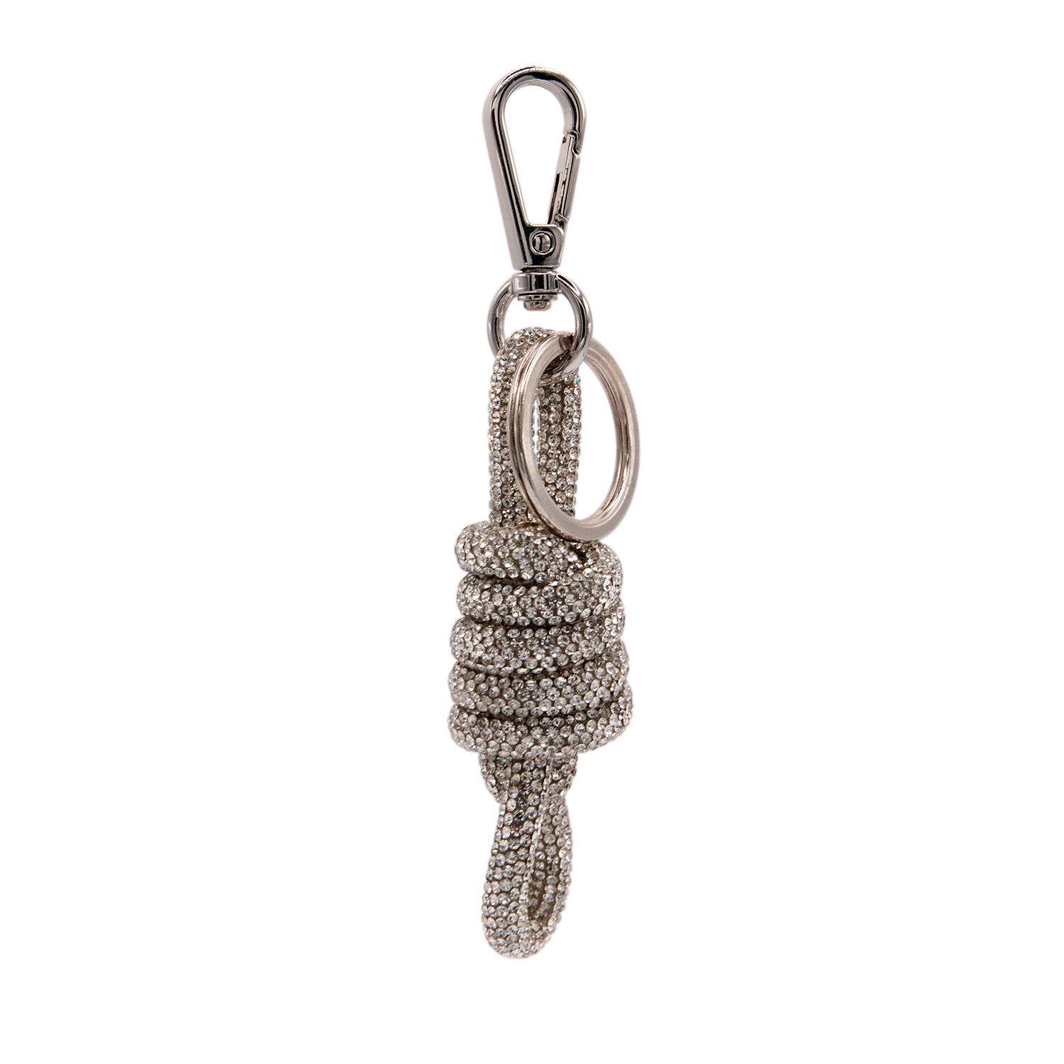 Porte-clés argent avec mousqueton, anneau et structure enroulée ornée de strass