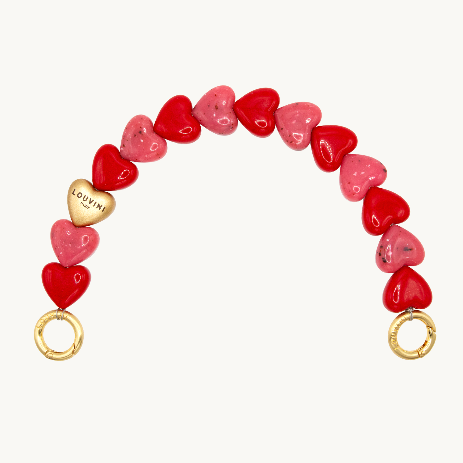 bracelet de telephone a coeurs en resine rouge et rose