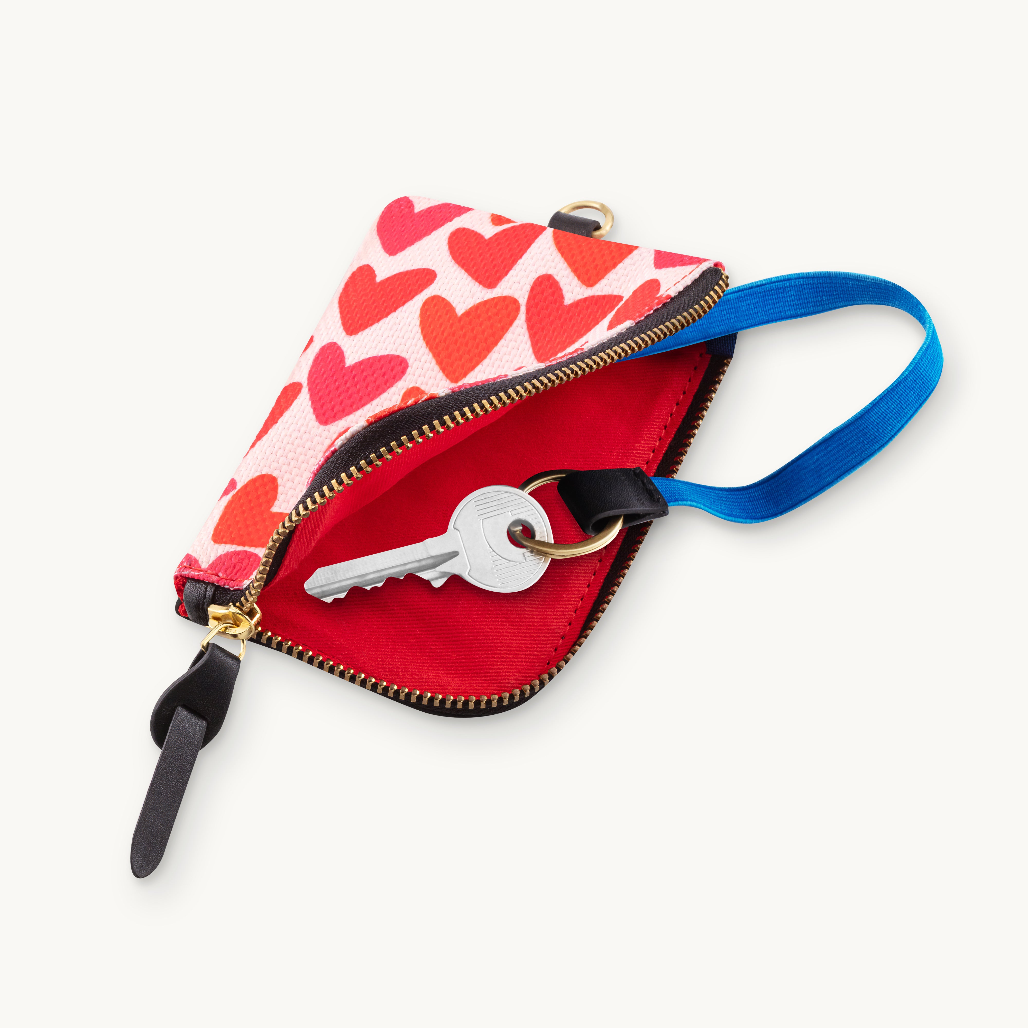 Porte-cartes en tissu et cuir avec cœurs roses, porte-monnaie à accrocher au sac, accessoire pratique et tendance