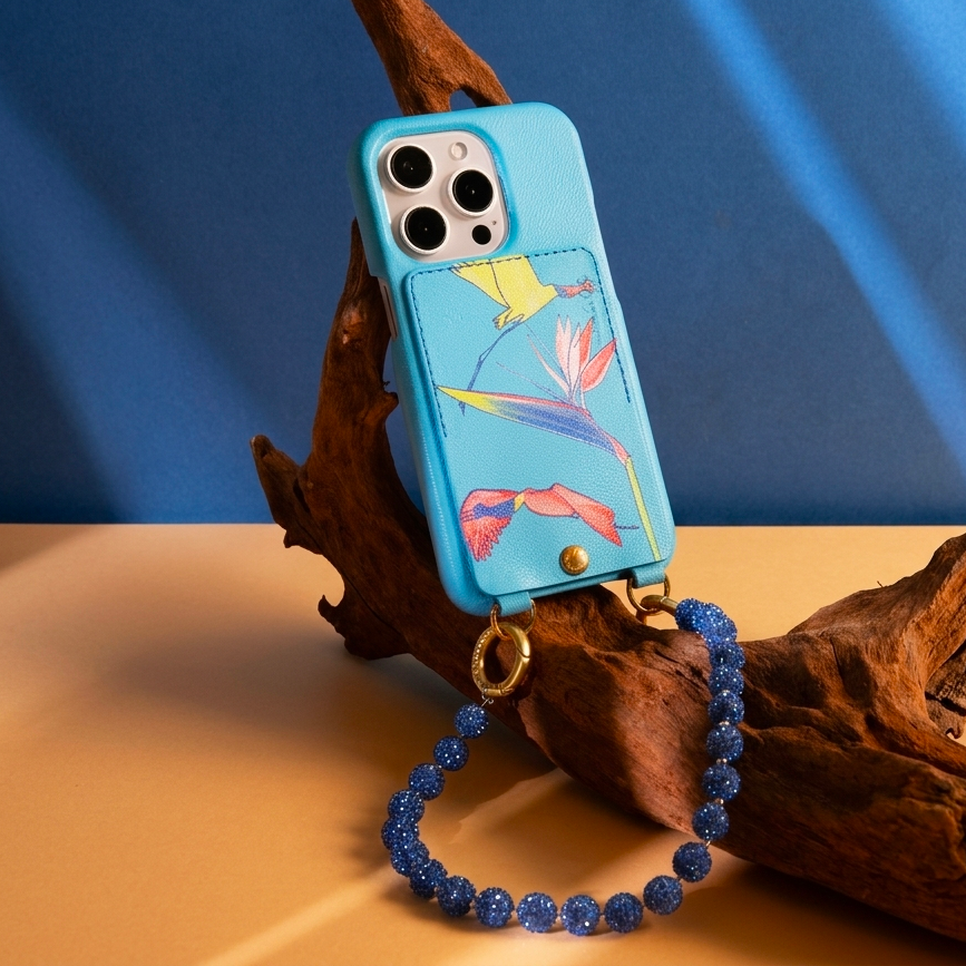 coque iphone en cuir bleu turquoise imprimé tropical filipe jardim et bracelet bleu à perles strass
