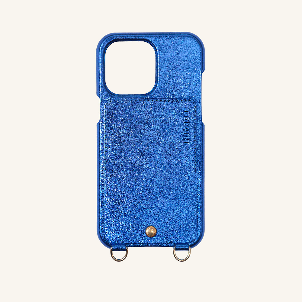 LEATHER IPHONE CASE WITH WALLET AND LOOPS LOU - METALLIC BLUE